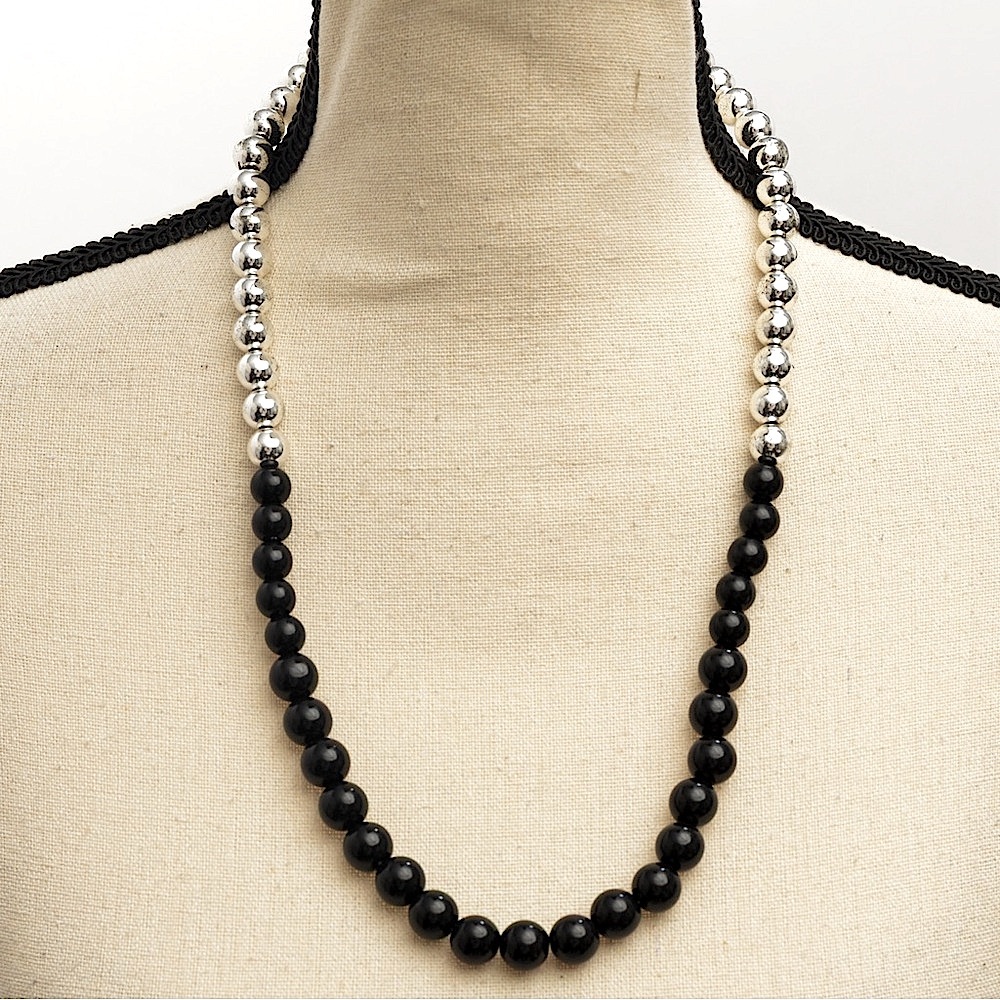 Beaded necklace metallic silver and black unique neutral necklace versatile